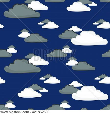 Seamless Pattern Of Vector Clouds Illustrations On Darkblue Background. Vector Pattern For Fabric Fo