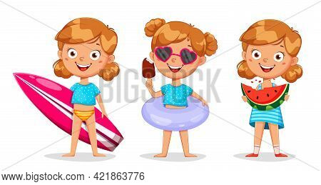 Hello Summer Concept. Cute Little Girl Cartoon Character, Set Of Three Poses. Stock Vector Illustrat