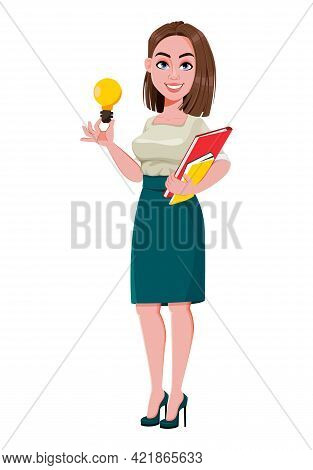 Young Successful Business Woman Having A Good Idea. Cute Businesswoman Cartoon Character.  Stock Vec