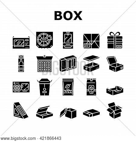 Box Carton Container Collection Icons Set Vector. Sushi Delivering And Pizza, Box For Tea And Coffee