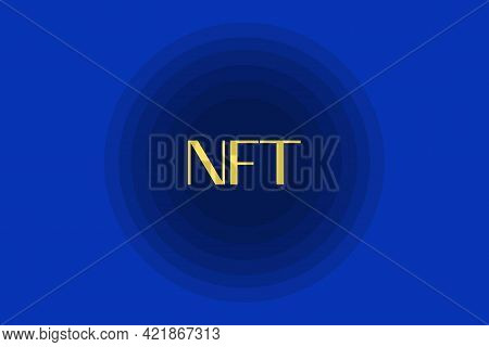 Nft Nonfungible Token Text In The Center Of The Spiral Of Glowing Dots On Dark Blue Background. Pay 