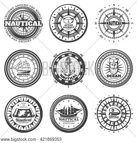 Vintage Monochrome Round Nautical Labels Set With Compass Hats Captain Ship Boat Map Anchor Lifebuoy