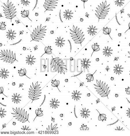 Hand Drawn Monochrome Floral Seamless Pattern With Gorgeous Vintage Wild Flowers, Herbs And Herbaceo