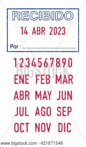 Vector Illustration Of The Spanish Words Recibido (received) And Por (by) In Blue Ink Stamp And Edit