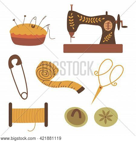 Set Of Elements For Needlework And Sewing. Thread, Scissors And Button, Centimeter And Sewing Machin