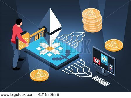 Isometric Nft Composition With Human Character Holding Unique Key With High Value Painting And Crypt