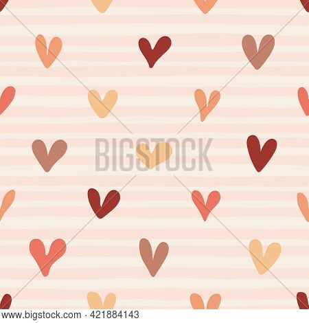 Romantic Seamless Pattern With Doodle Heart. Simple Modern Hand Drawn Background. Repeating Vector F