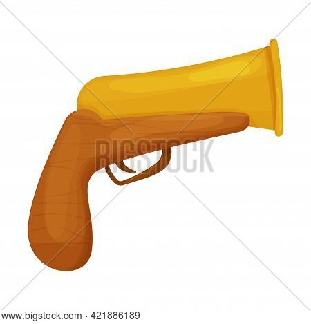 Antique Comic Pistol, Pirate Gun, Retro Weapon In Cartoon Style Isolated On White Background. Wooden