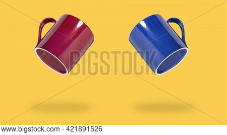 Red And Blue Mugs On Yellow Background Isolated, Flyer Or Banner Concept For Cafe Or Restaurant