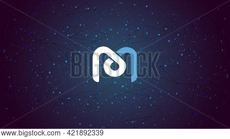 Mdex Mdx Token Symbol Of The Defi Project Cryptocurrency Theme On Blue Polygonal Background. Cryptoc