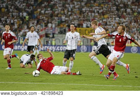 Lviv, Ukraine - June 17, 2012: Germany (in White) And Danish Players Fight For A Ball During Their U