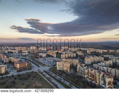 Aerial Sunset View Of Typical Residential Building From The Communist Period At District Trakia In C