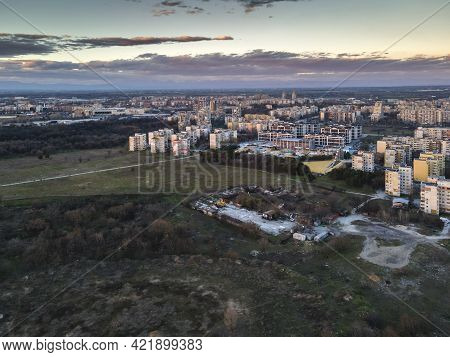 Aerial Sunset View Of Typical Residential Building From The Communist Period At District Trakia In C