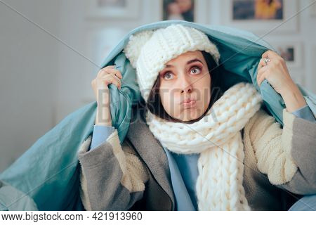 Unhappy Woman Feeling Cold Wearing Warm Winter Clothes Indoors