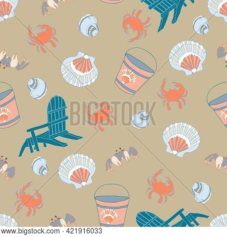 Nautical Beach Seamless Pattern Theme With Seashells, Beach Chairs, Buckets And Crabs On Taupe Backg