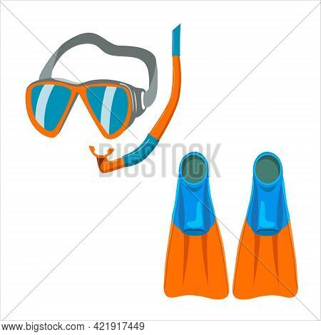 Underwater Swimming Mask, Fins, Vector Isolated On White Background.