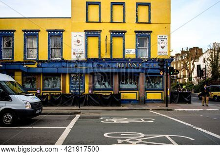 London, United Kingdom - Mar 9, 2017: Old Facade Of Quinns Bar Pub Cafe On The Hawley Road Nw1