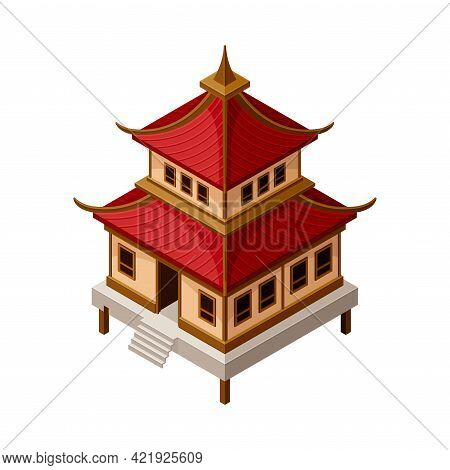 Pagoda As Tiered Tower With Multiple Eaves As Asian Architecture Isometric Vector Illustration