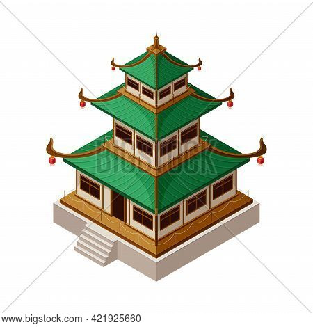 Pagoda As Tiered Tower With Multiple Eaves As Asian Architecture Isometric Vector Illustration