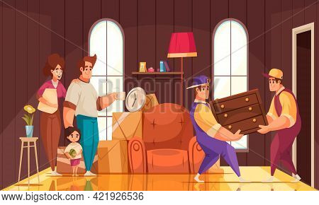 New House Room Interior Cartoon Composition With Family Watching Moving Company Packers Carrying Fur