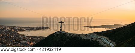 Gelendzhik, Russia, 03 May 2021: Orthodox Cross On Markotkh Ridge On Background Of Gelendzhik Bay Du