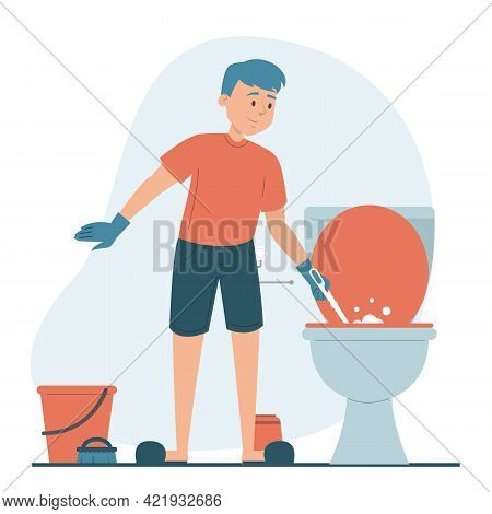 Man Cleaning Dirty Toilet Vector Isolated. Hygiene
