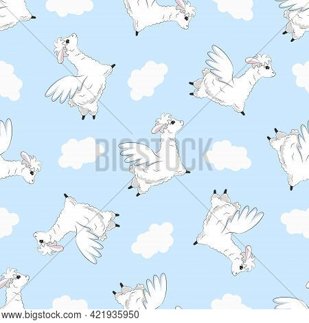 Cute Fluffy Llama Seamless Pattern. Hand Drawn White Lambs And Cloud On A Blue Sky Background. Child