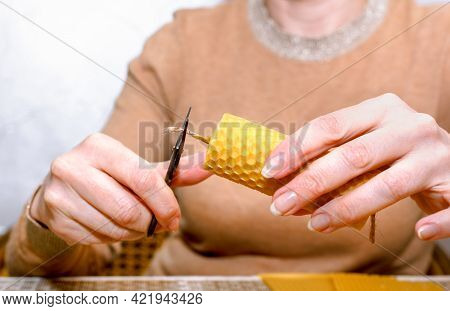 Diy Wax Candle Making Process. Woman Making Decorative Wax Candle. Step-by-step Instruction. Step 3.
