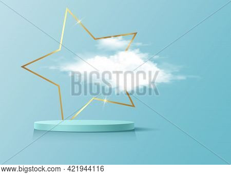 3d Platform Studio Display Minimal Scene, Gold Star Frame And Fluffy Cloud. Studio Blue Pedestal Flo