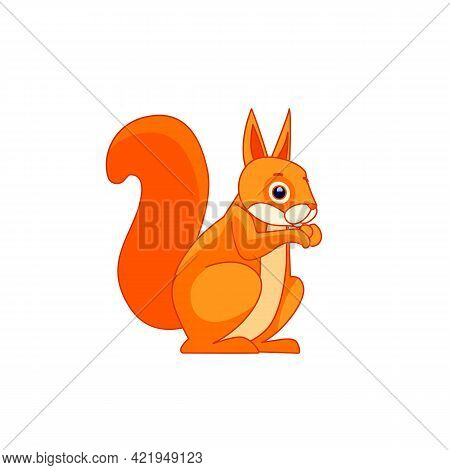 Squirrel, Sitting Side Ways, Holding A Hazel Nut In Front Paws And Eating From It. Tail Up. Cartoon 