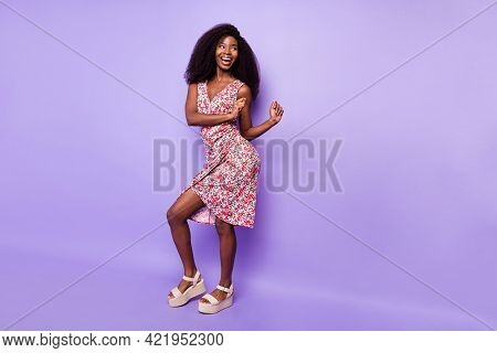 Full Length Body Size Photo Curious Woman In Dress Laughing Dancing Looking Copyspace Isolated Paste