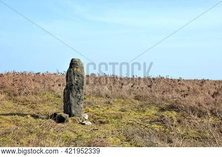 Pennine Landscape With Large Ancient Standing Stone On Midgley Moor In West Yorkshire