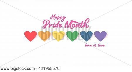 Happy Pride Month Horizontal Banner With Heart And Pride Color Flag Isolated On White Background. Pr