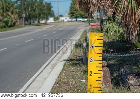 Water Level Marker On Street Near Lake Pontchartrain In New Orleans