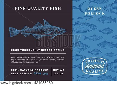 Premium Quality Ocean Pollock Abstract Vector Packaging Design Or Label. Modern Typography And Hand 