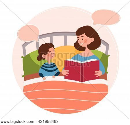 Smiling Mother Is Reading A Bedtime Fairytale To Her Young Daughter In Bed. Concept Of Mom Spending 