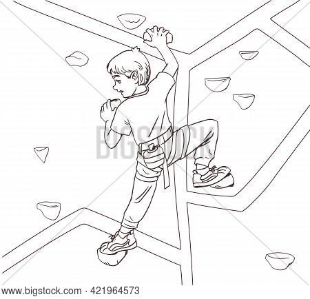 Boy Kids Climber Climbs The Mountain. Coloring Book Anti Stress Design For Children And Adults. Illu