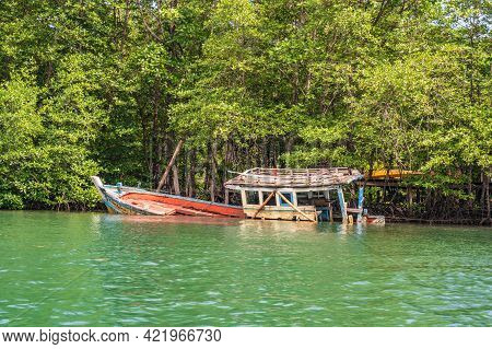 Fishing Ship Wreck On Klong Chao River On Koh Kood Island At Trat Thailand.koh Kood, Also Known As K