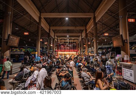 Bangkok/thailand- 22 Oct 2020:unacquainted People In Mochit Bus Station Bangkok Thailand In The Long
