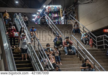 Bangkok/thailand- 22 Oct 2020:unacquainted People In Mochit Bus Station Bangkok Thailand In The Long