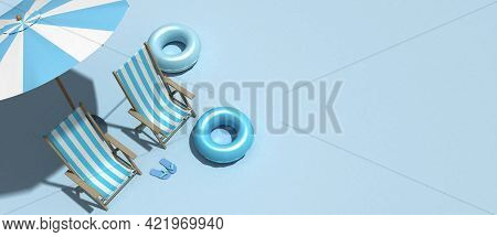 The Concept Of Summer Vacation. Top View On A Sun Lounger Under An Umbrella On The Sandy Beach, 3d R