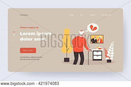Elder Man Missing Passed Wife. Widower With Broken Heart Looking At Couple Picture. Flat Vector Illu