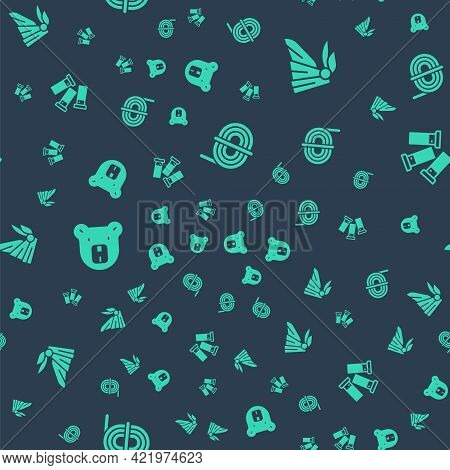 Set Climber Rope, Bandana Or Biker Scarf, Bear Head And Cartridges On Seamless Pattern. Vector