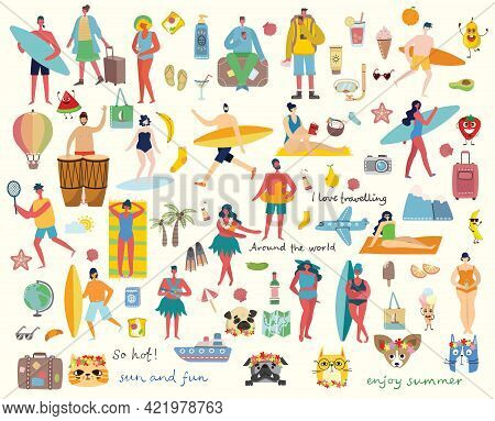 Set Of Different Vector Summer Travel People And Icons In The Flat Stye