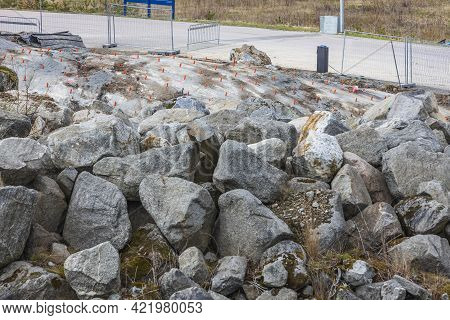 Close Up View Of Construction Imploding Works On Rocky Terrain. Sweden.