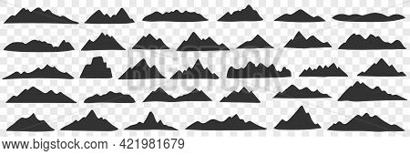 Mountains Range Silhouettes Doodle Set. Collection Of Hand Drawn Various Black Silhouettes Of Natura