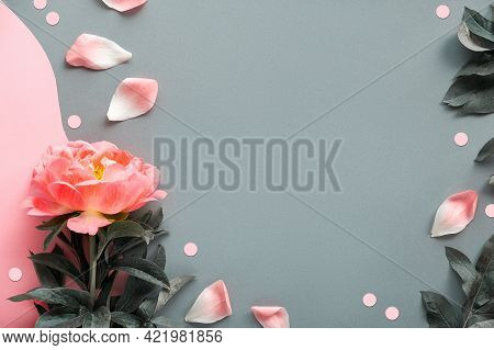 Greeting Card Mockup, Copy Space. Peony Flower, Petals, Palm Leaves. Single Flower On Pink And Dark 