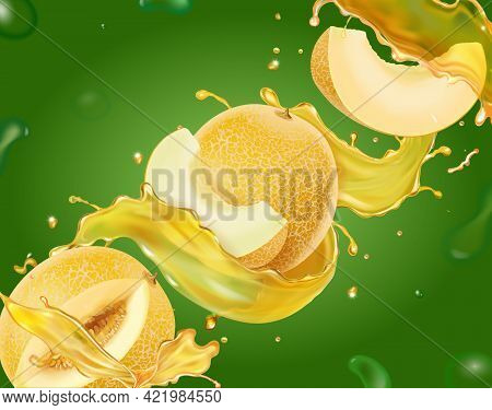 Melon Slices. Yellow Honey Mellon Juice Splash On Green Background