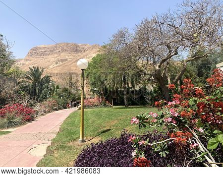 Ein Gedi, Israel - April 25, 2021: Unique Ein Gedi Botanical Garden On The Coast Of The Dead Sea