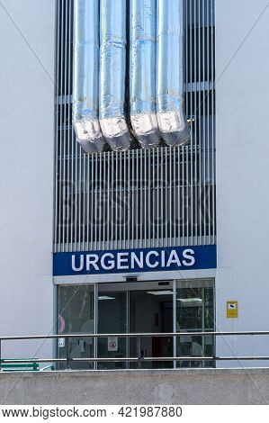 Burgos, Spain - May 24, 2021: Main Er Entrance At Recoletas Hospital In Burgos With Blue Sign In Spa